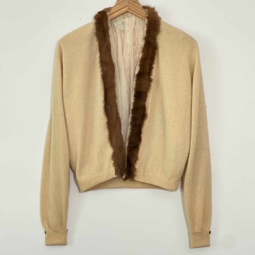 VTG 40s 50s Fur Trim Cardigan Sweater S ButterCream Lambswool Angora Luxury Chic